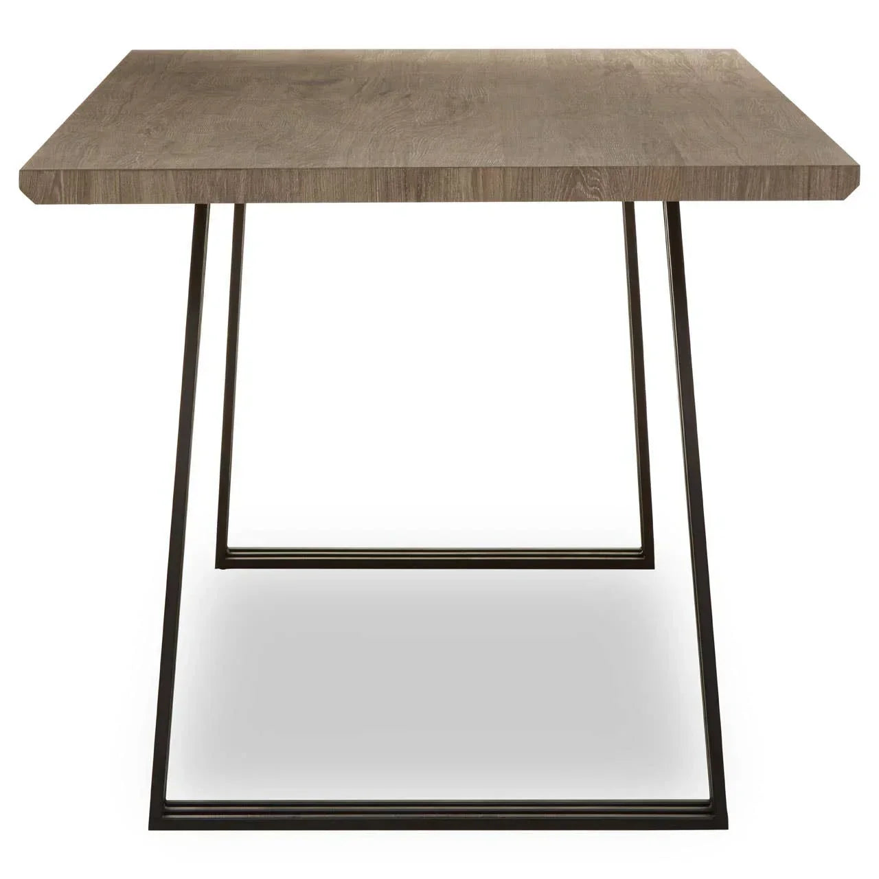 Modern dining table with wood effect top and black metal frame, front view