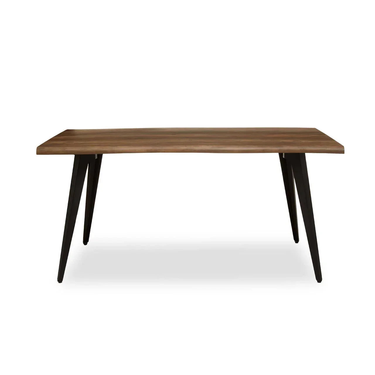 Rectangular wooden dining table with angled black legs on white background