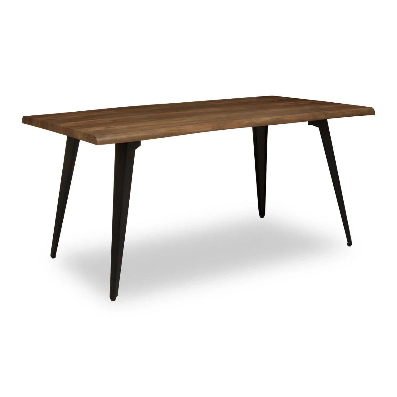 Rectangular wooden dining table with metal legs, angled view on white background
