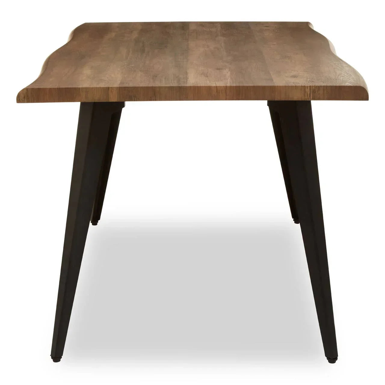 Rectangular wooden dining table with live edge top and black angled metal legs