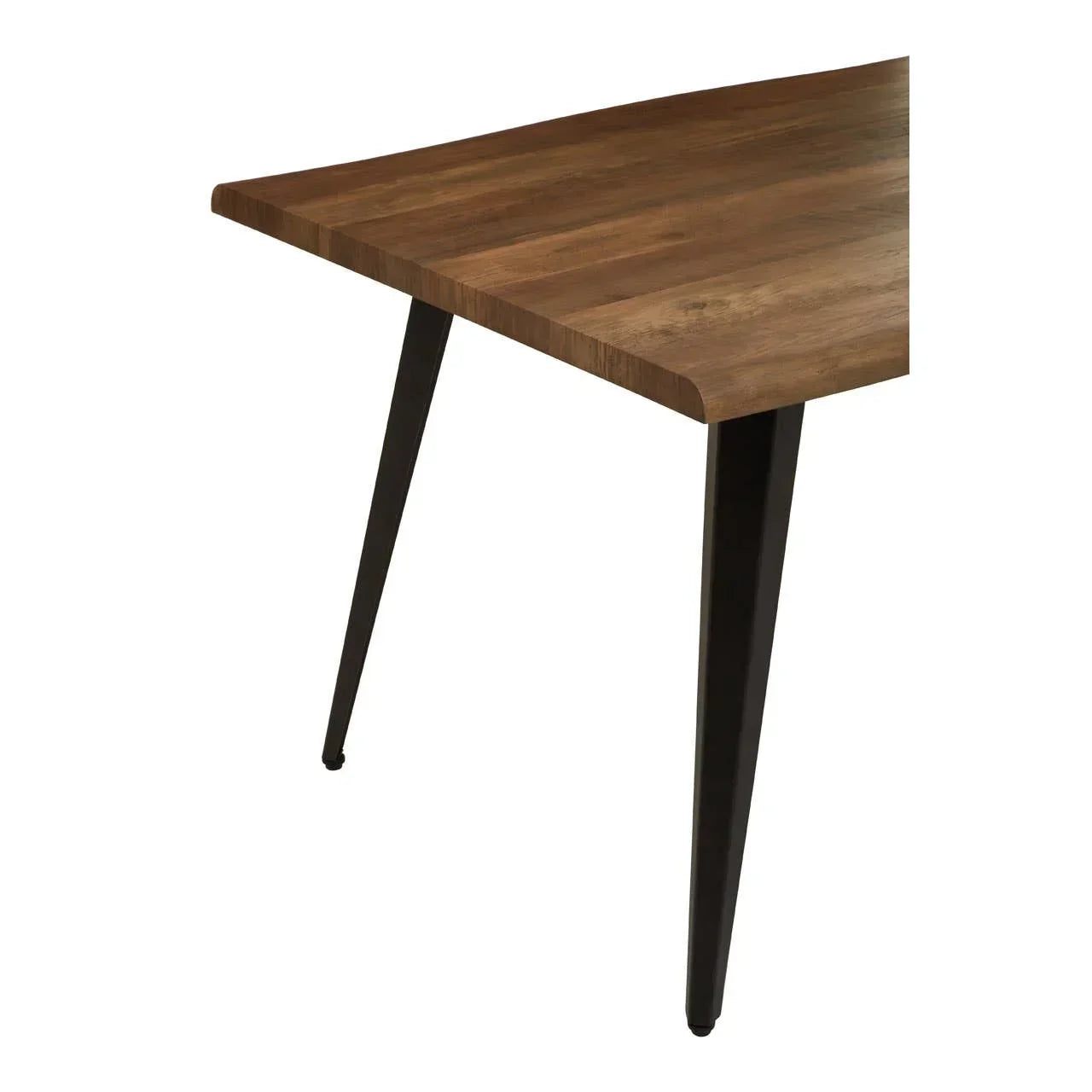 Walnut dining table corner with angled black metal legs and smooth wooden surface