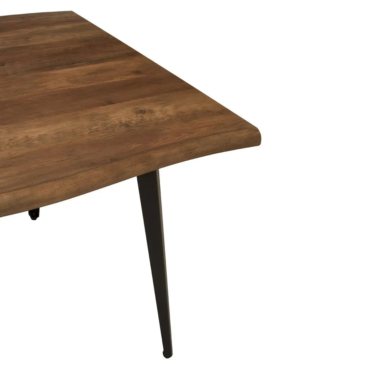 Corner view of wooden dining table with black tapered leg and natural grain finish