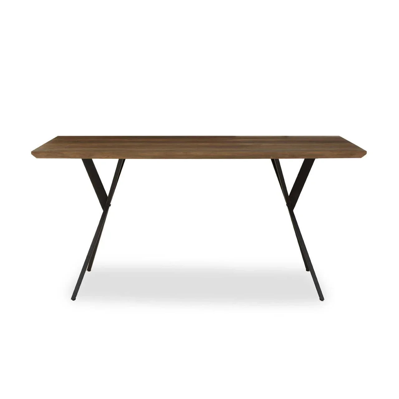 Rectangular wooden dining table with black metal legs, front view on white background