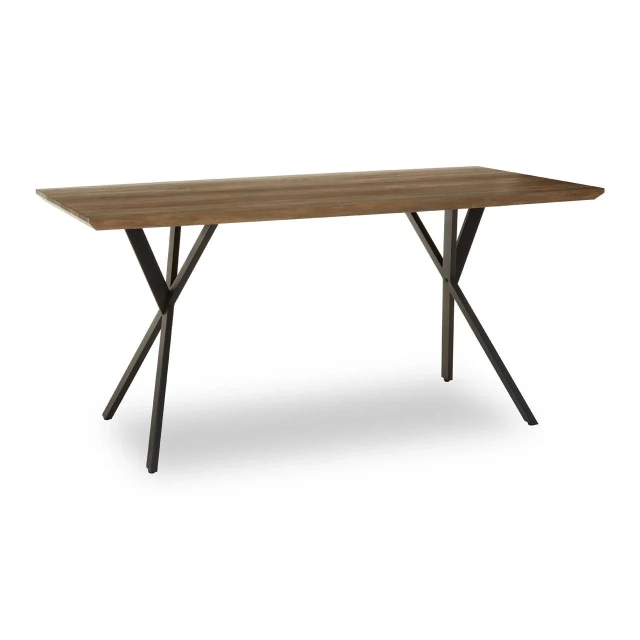 Rectangular wooden dining table with black metal crossed legs, side angle view