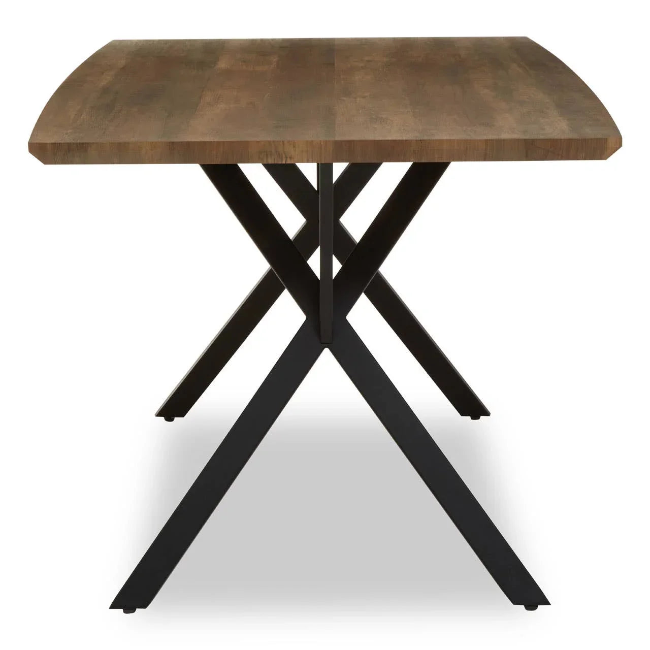 Rectangular wood dining table with black metal X-frame legs, front view