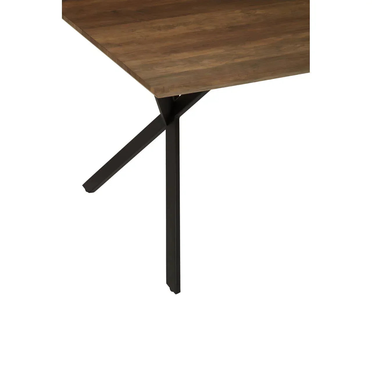 Corner of wooden dining table with black metal angled legs