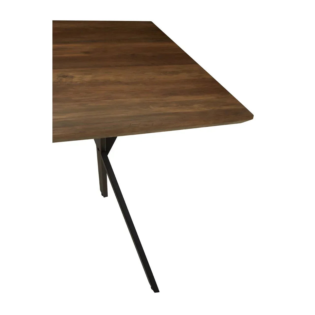 Rectangular wooden dining table corner with black metal angled leg