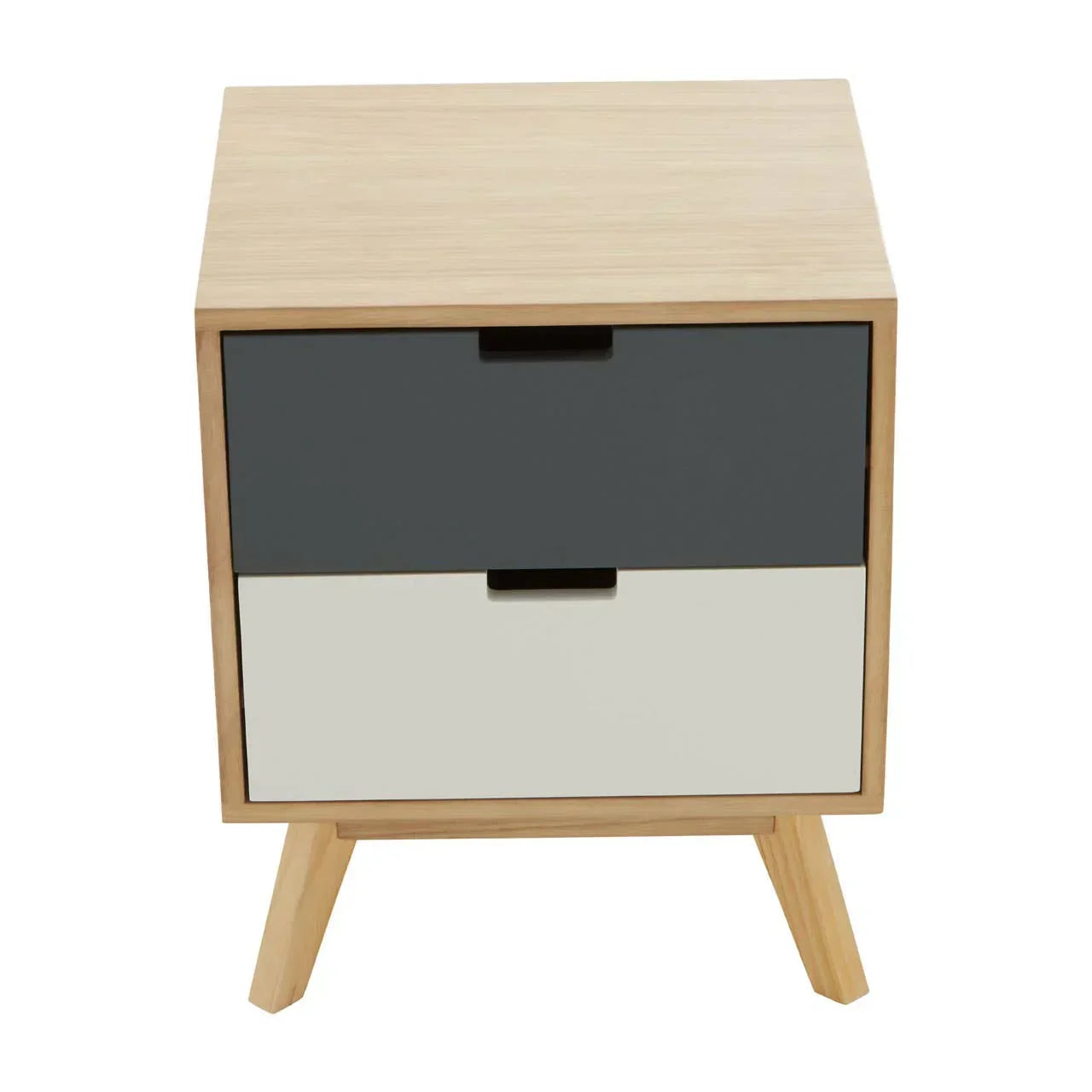 Two drawer bedside table with wood frame, angled legs, grey and white fronts