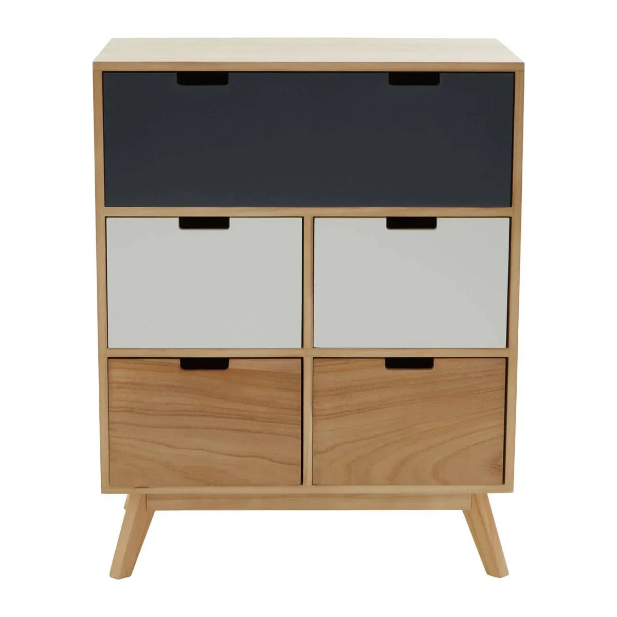 Modern wooden chest of drawers with black, grey, and natural finish fronts