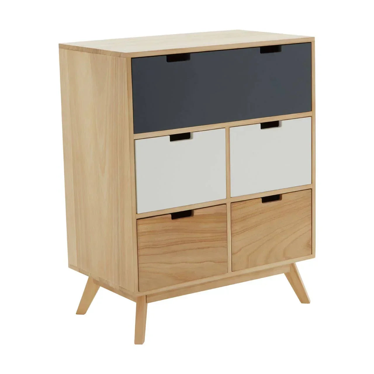 Modern wooden chest of drawers with black, white, and natural wood front panels