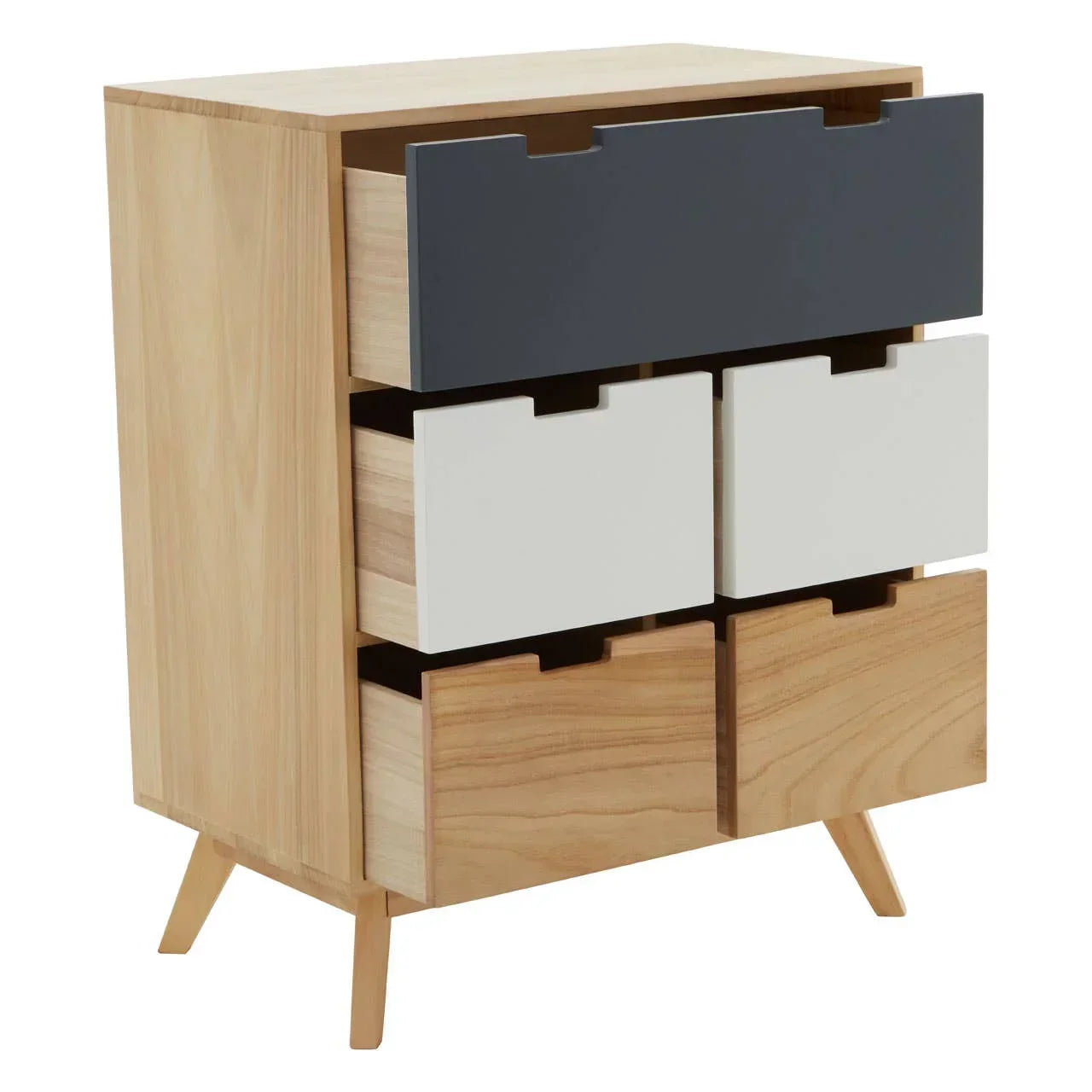 Modern wooden chest of drawers with grey, white, and natural finish, angled legs