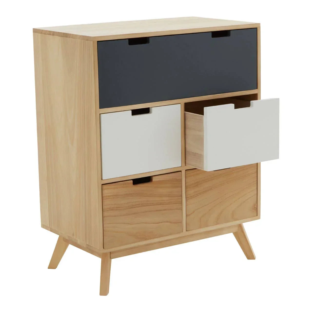 Modern wooden chest of drawers with mixed color fronts and angled legs, one drawer open