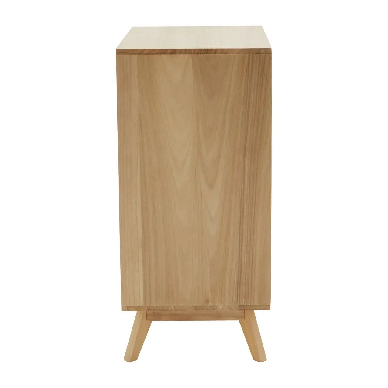 Side view of light wood cabinet with angled legs and smooth finish