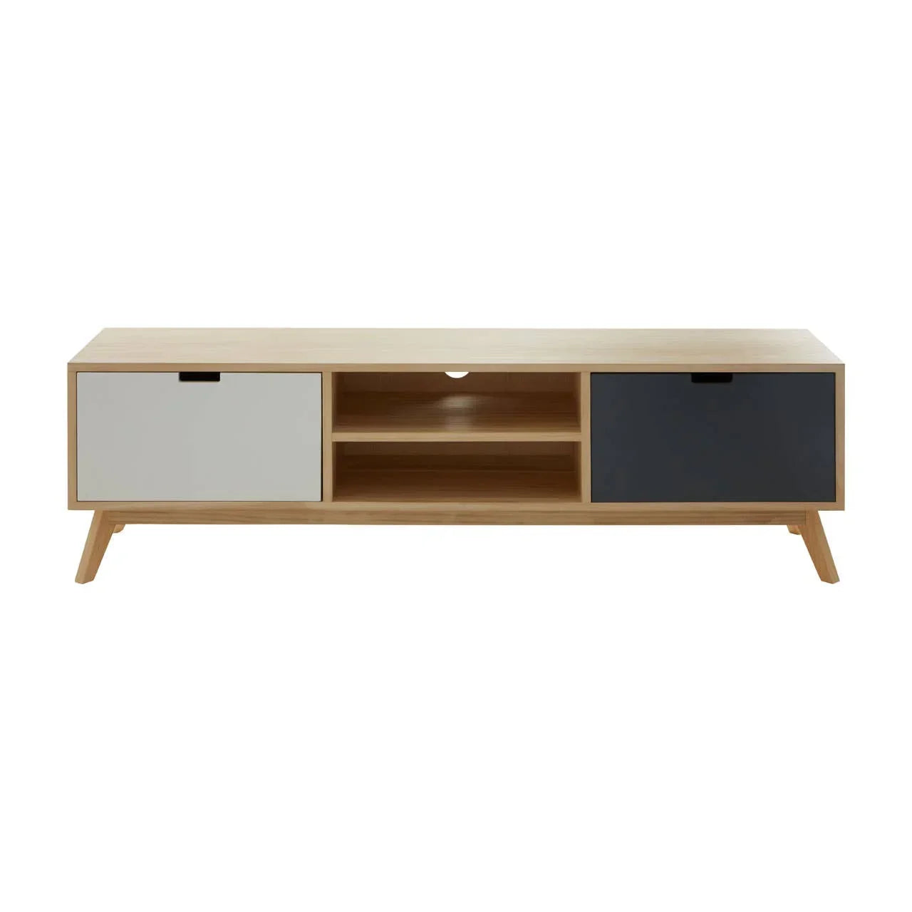 Modern wooden TV unit with grey and white doors, open shelves, and angled legs