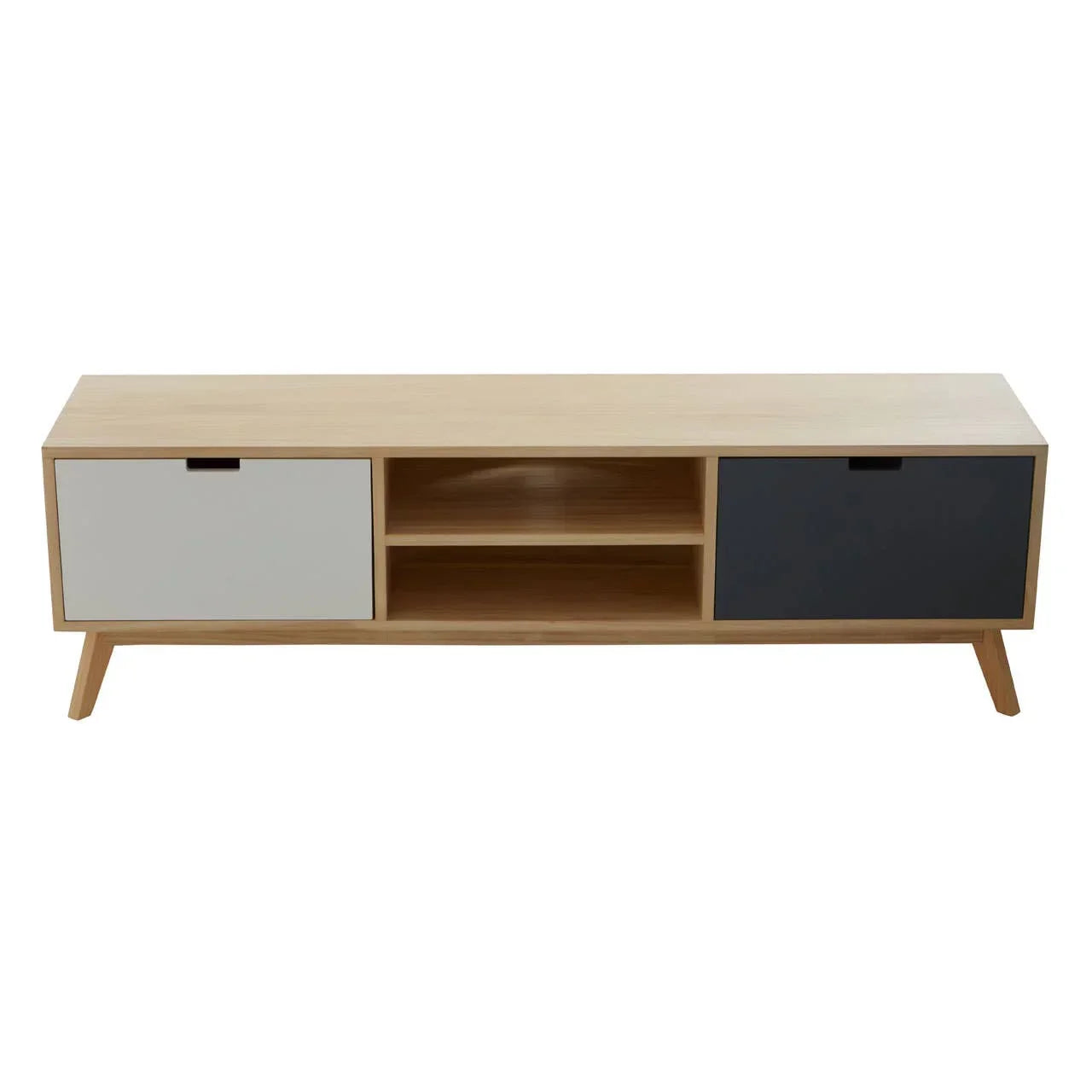wooden TV unit with open shelves, white and dark grey doors, angled legs, front view