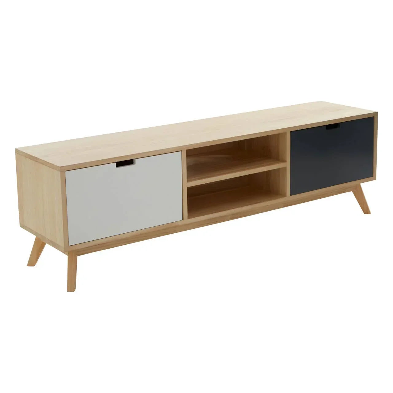 Modern TV unit with natural wood finish, grey doors, and open shelving, angled legs