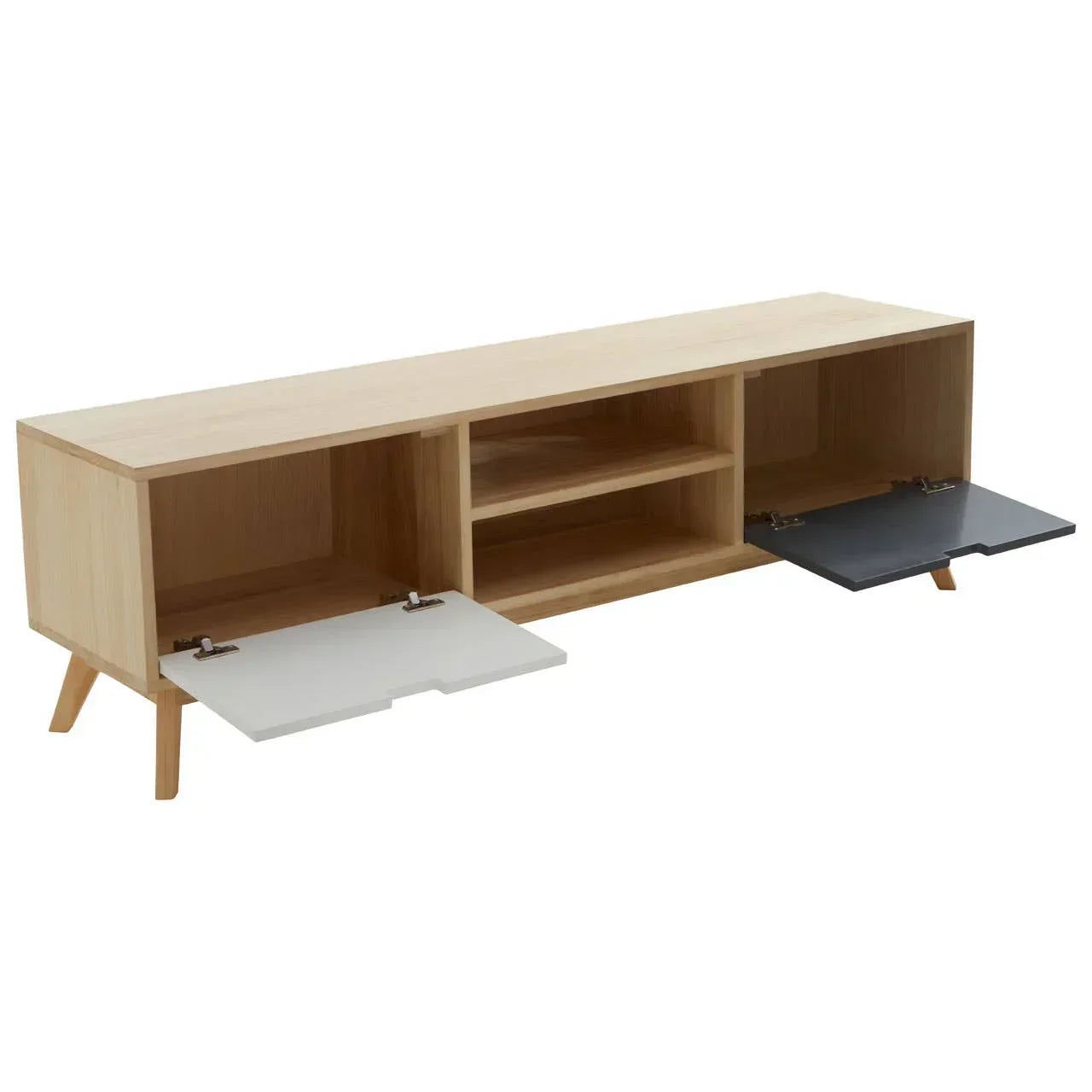 Light wood TV unit with open shelves and two drop-down cupboard doors, one white, one grey