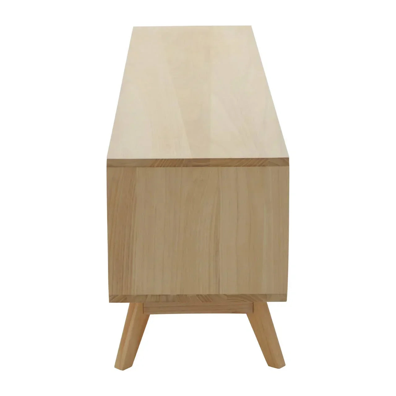Side view of light wood TV unit with angled legs and smooth finish