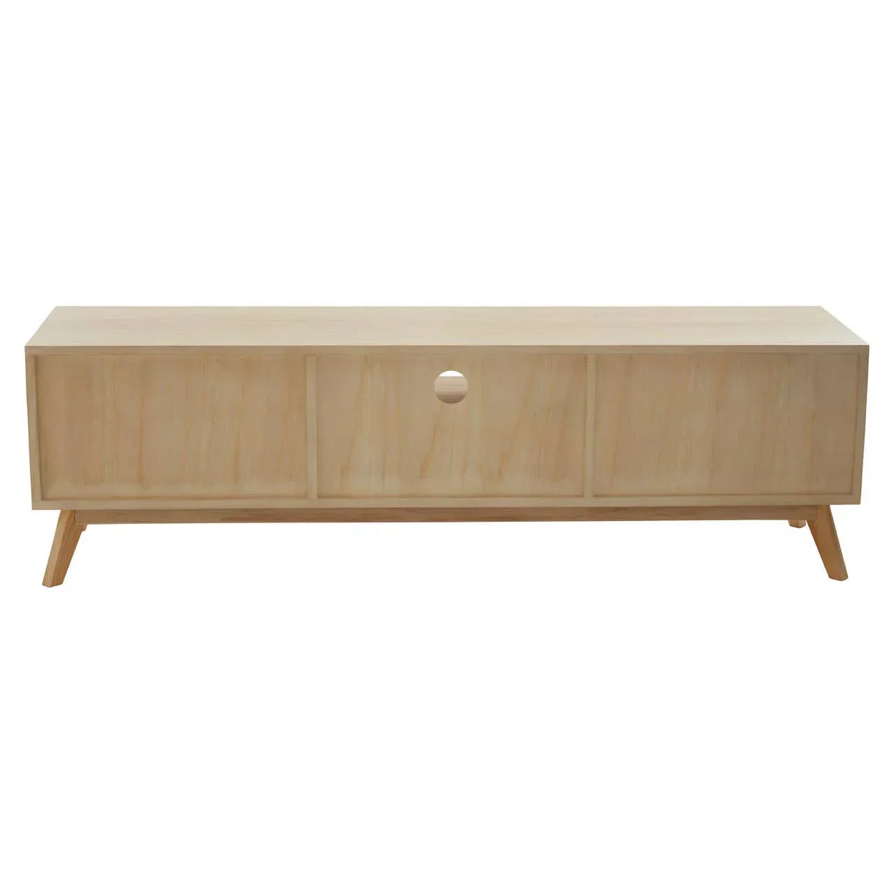 Light wood TV unit with three cabinet doors and angled legs, front view