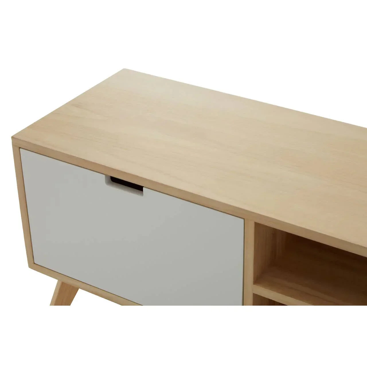 Oak console table with white drawer and open shelving, angled side view