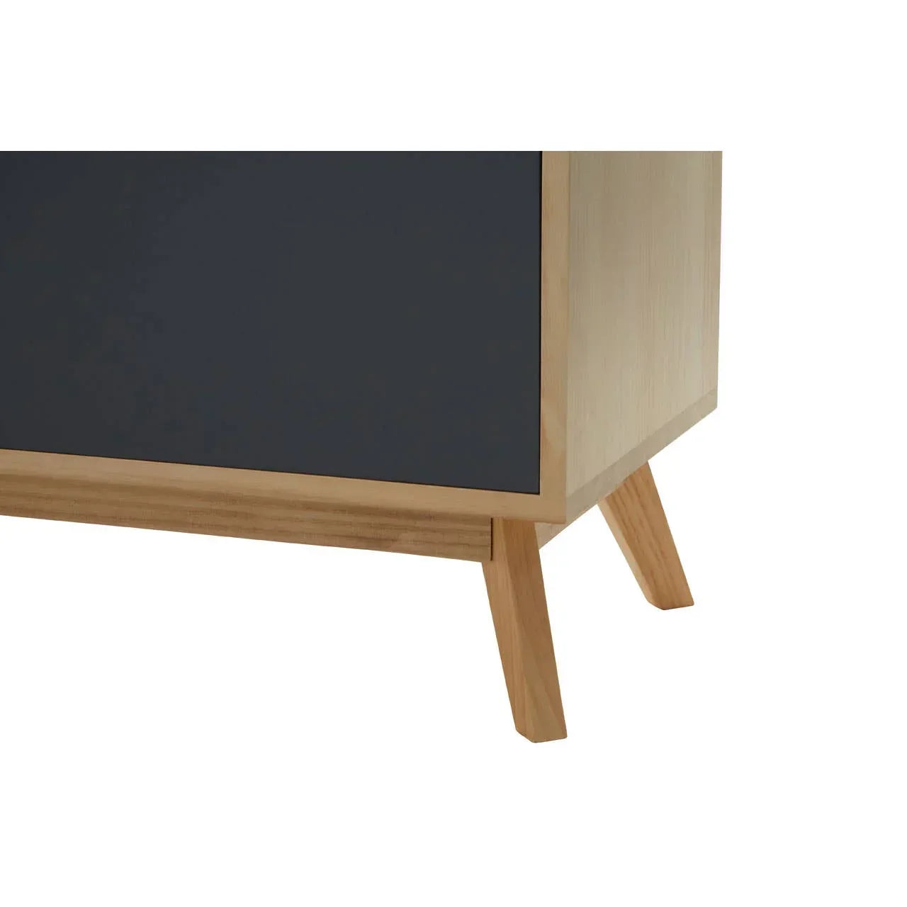 Modern sideboard corner with black panel and angled light wood legs