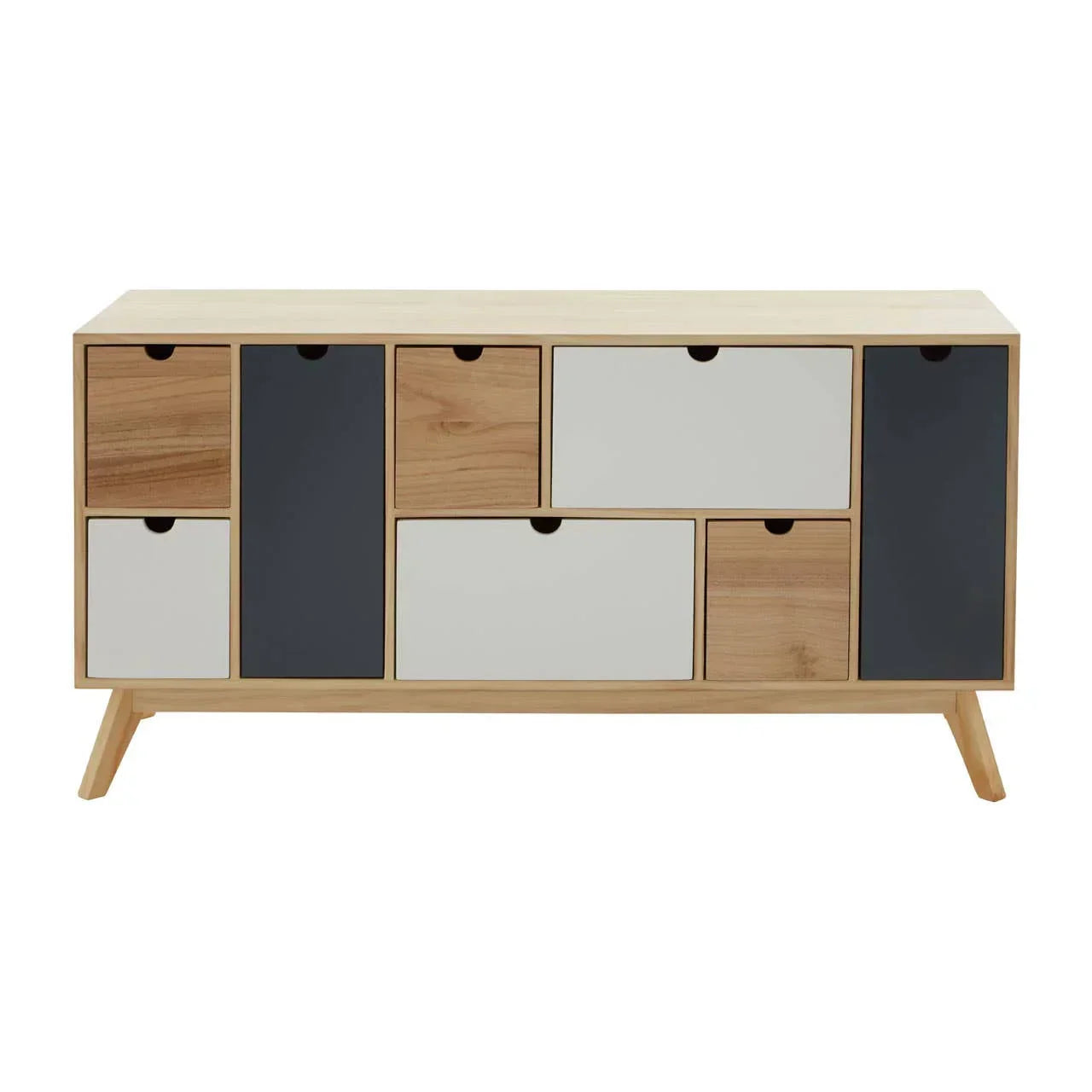 Modern wooden sideboard with mixed grey, white and natural drawers and angled legs