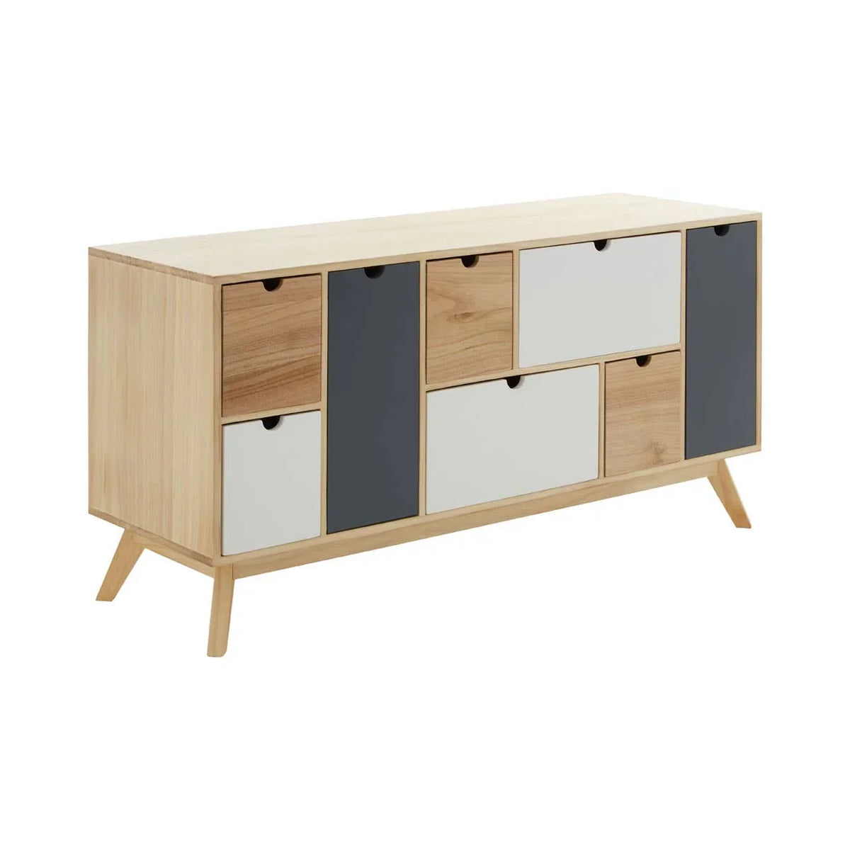 Modern sideboard with natural wood frame, grey and white storage drawers, angled legs