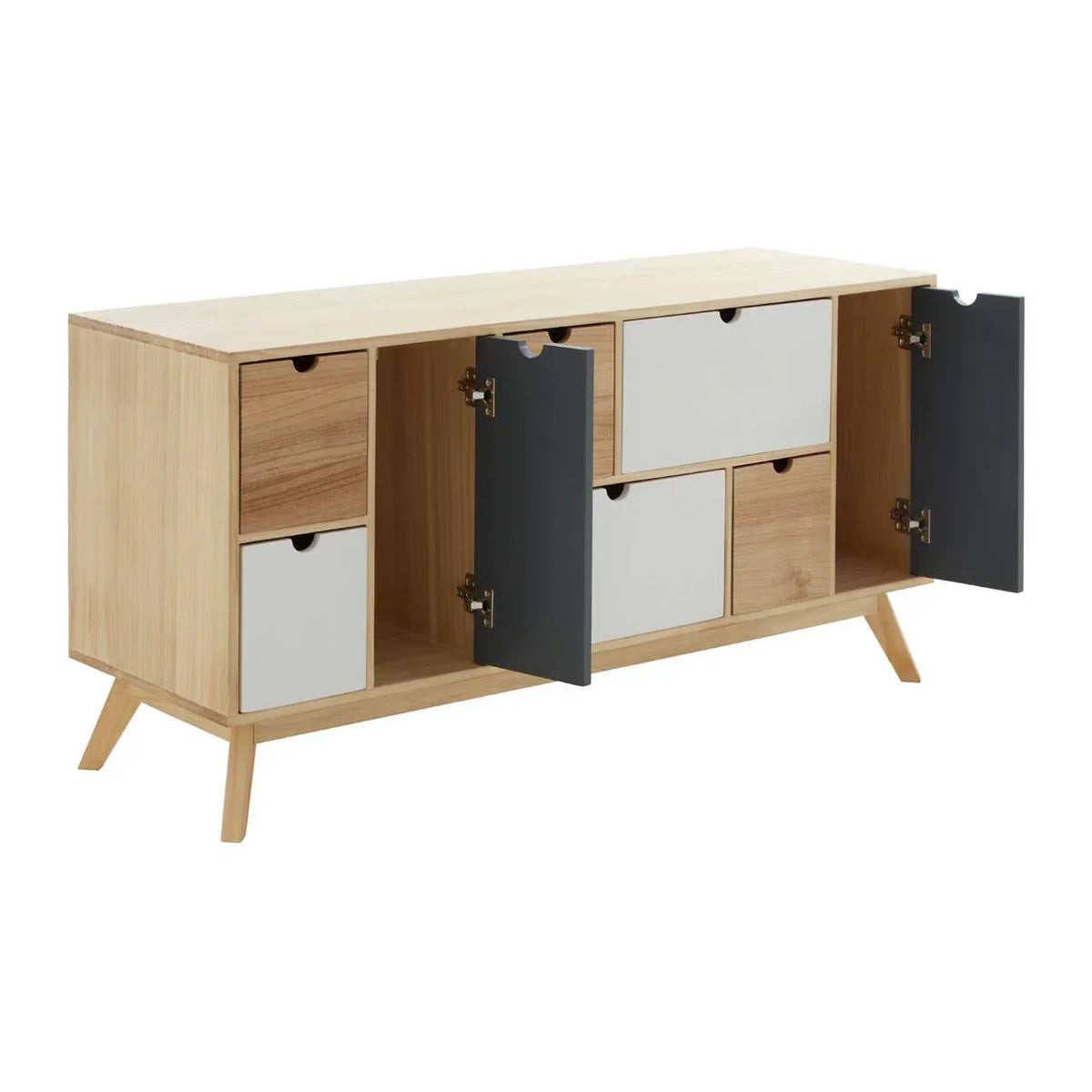 Scandi oak sideboard with grey and white drawers, angled legs, and open cabinet doors