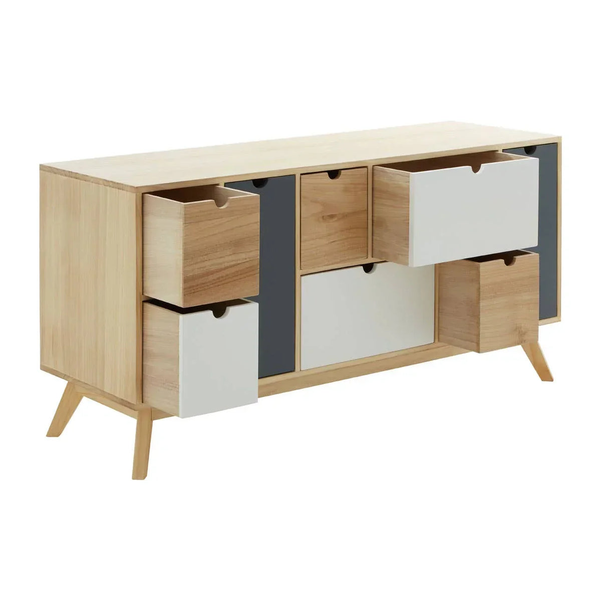 Modern sideboard with natural wood finish, white and grey drawers, angled legs, some open