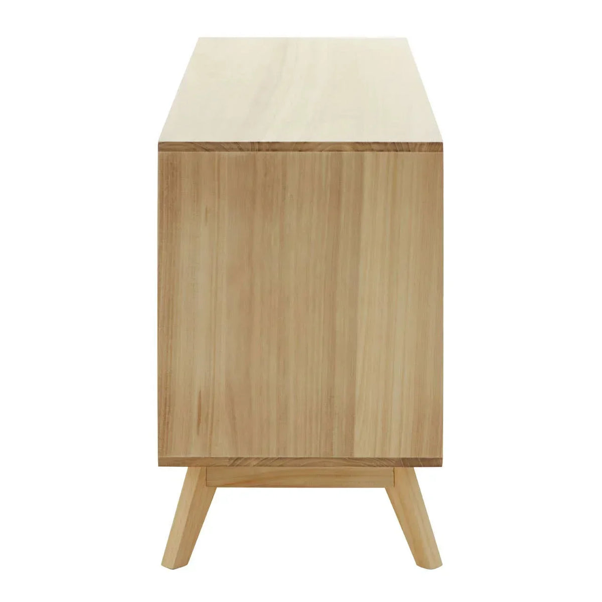 Side view of light wood storage cabinet with angled legs