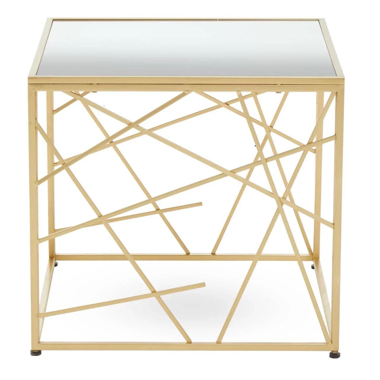 Gold metal side table with geometric frame and glass top, modern living room furniture