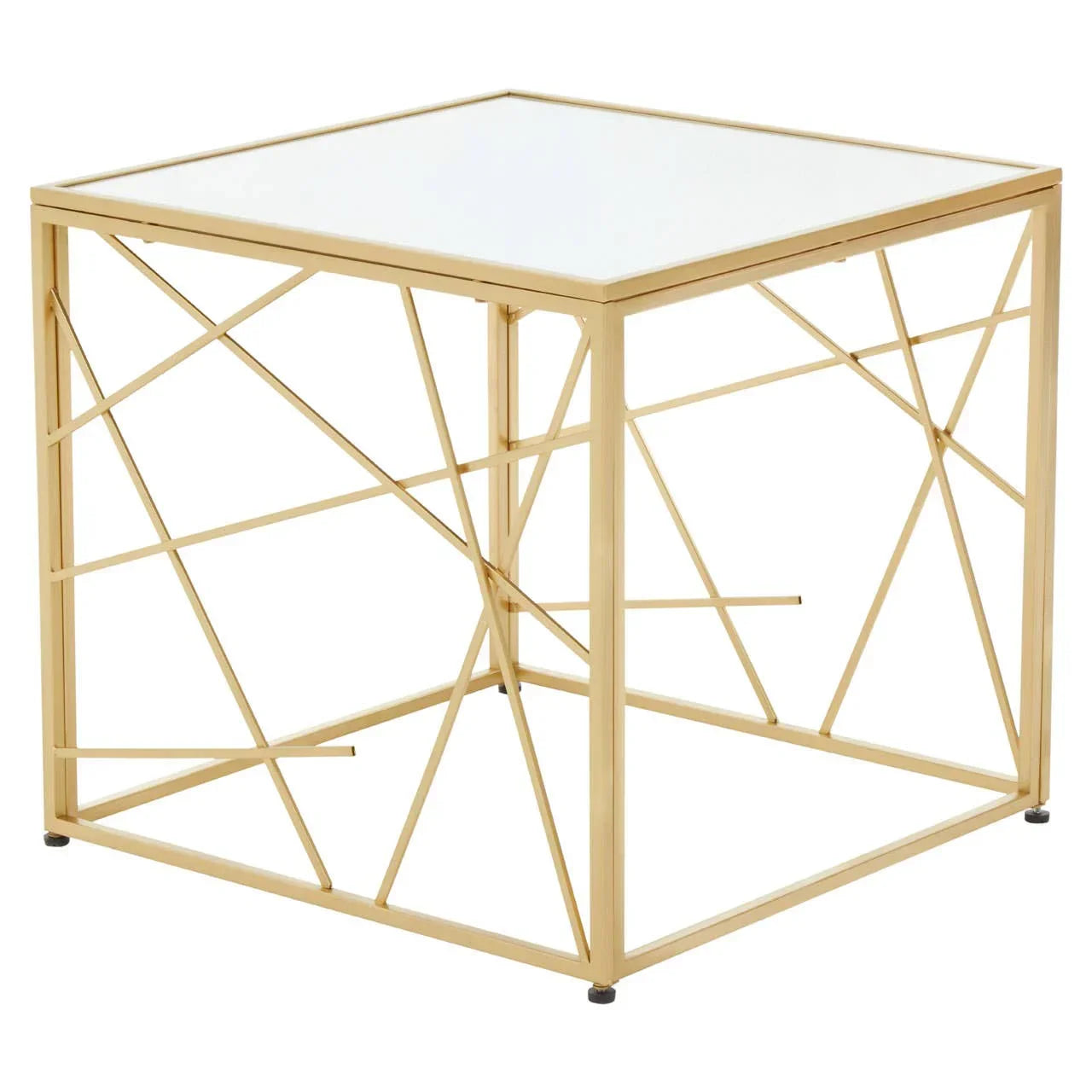 Gold metal side table with glass top and geometric frame design