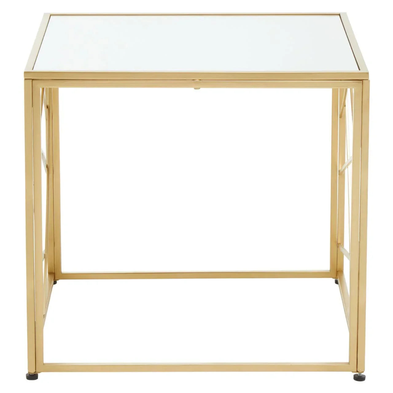 Square gold metal side table with white glass top, front view