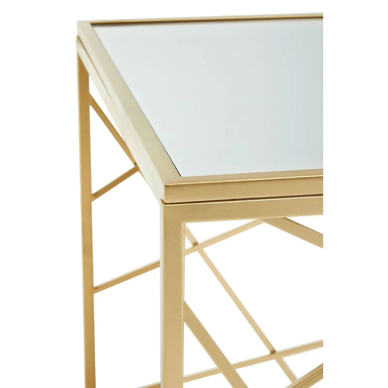 Gold metal side table with mirrored glass top and geometric frame detail