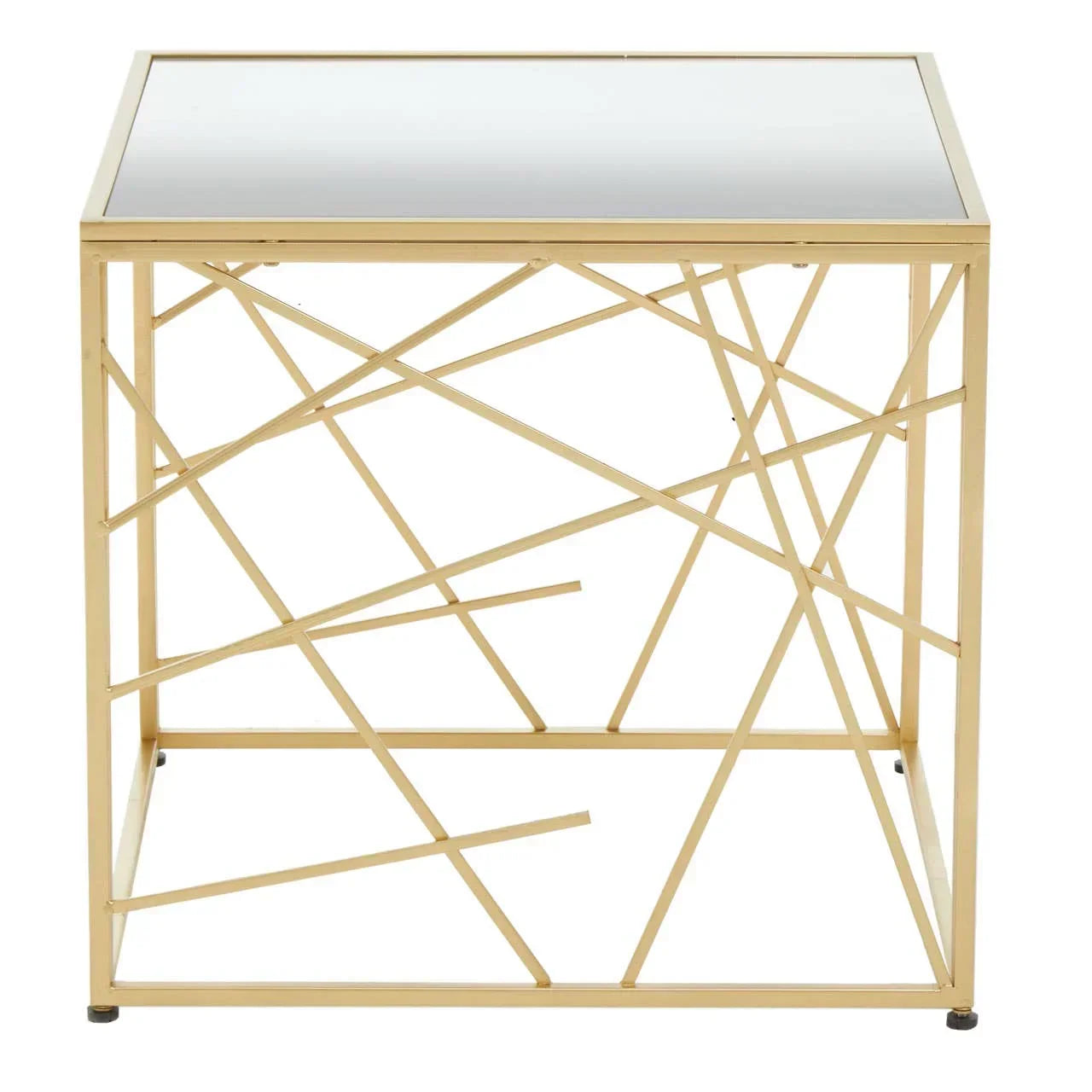 Gold metal side table with geometric frame and glass top, front view