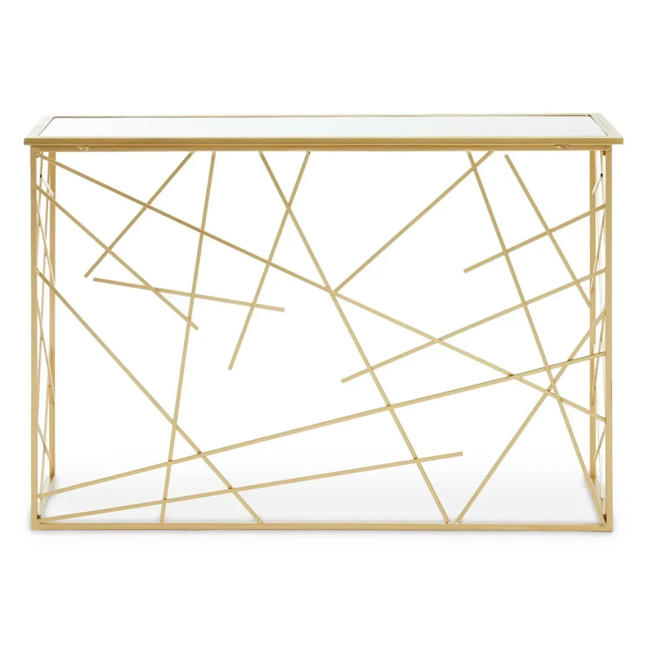 Gold metal console table with geometric frame and glass top