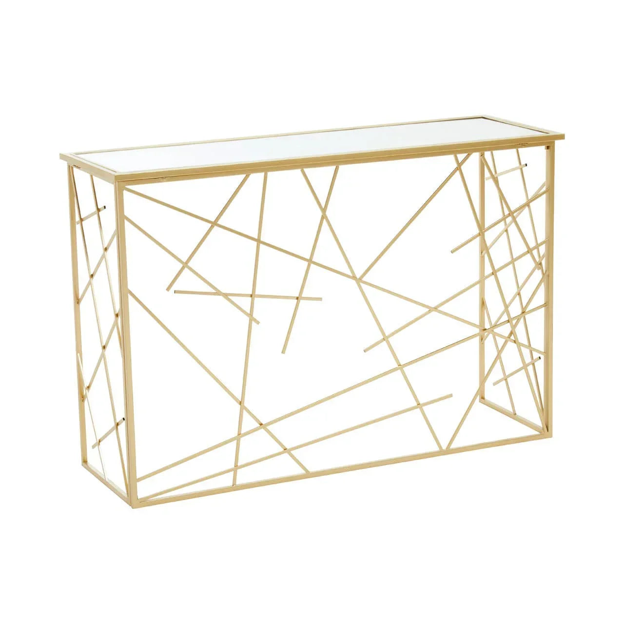 Gold metal console table with geometric frame and glass top