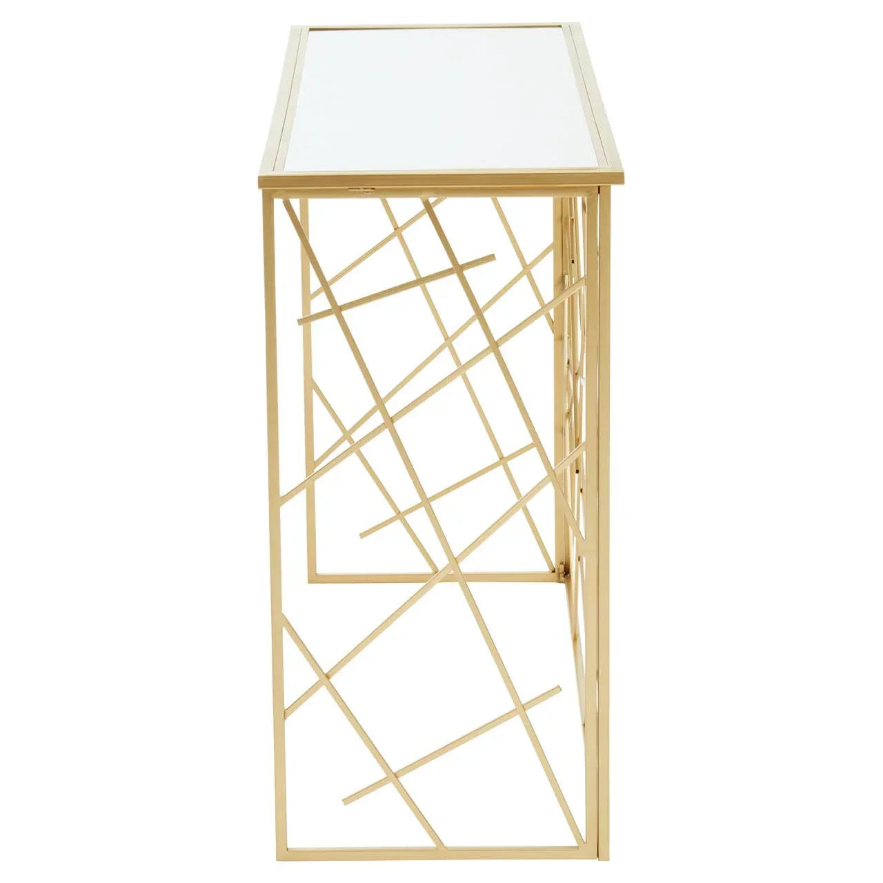 Gold metal side table with geometric frame and white top, side view