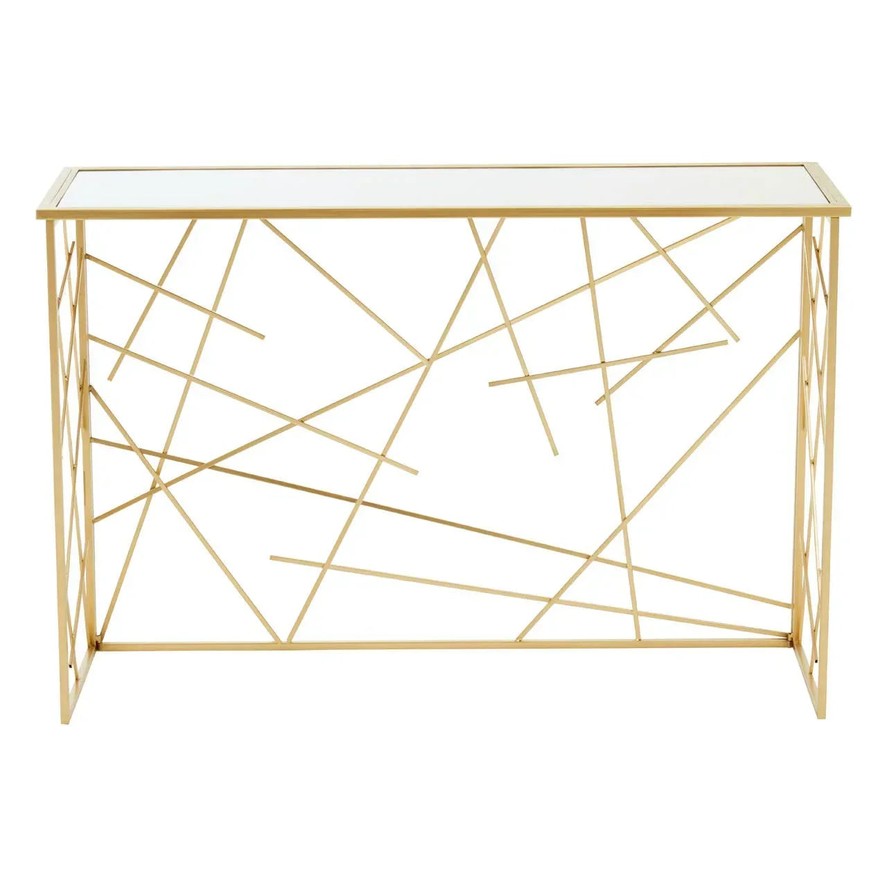Gold metal console table with geometric frame and rectangular glass top