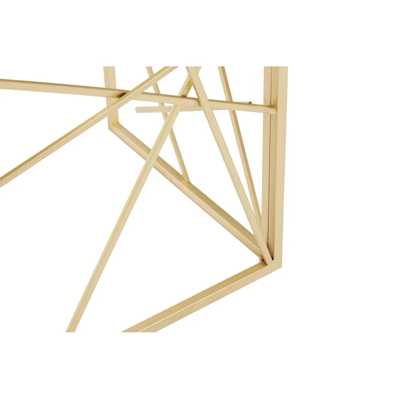Gold metal table frame with geometric intersecting bars, close-up of modern furniture base