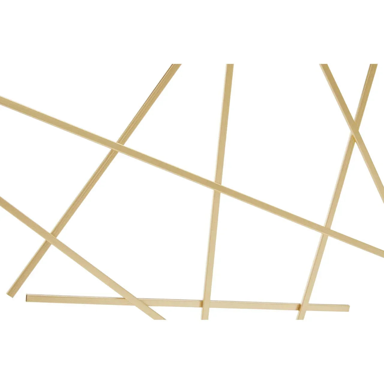 Closeup of gold metal table base with intersecting angular lines