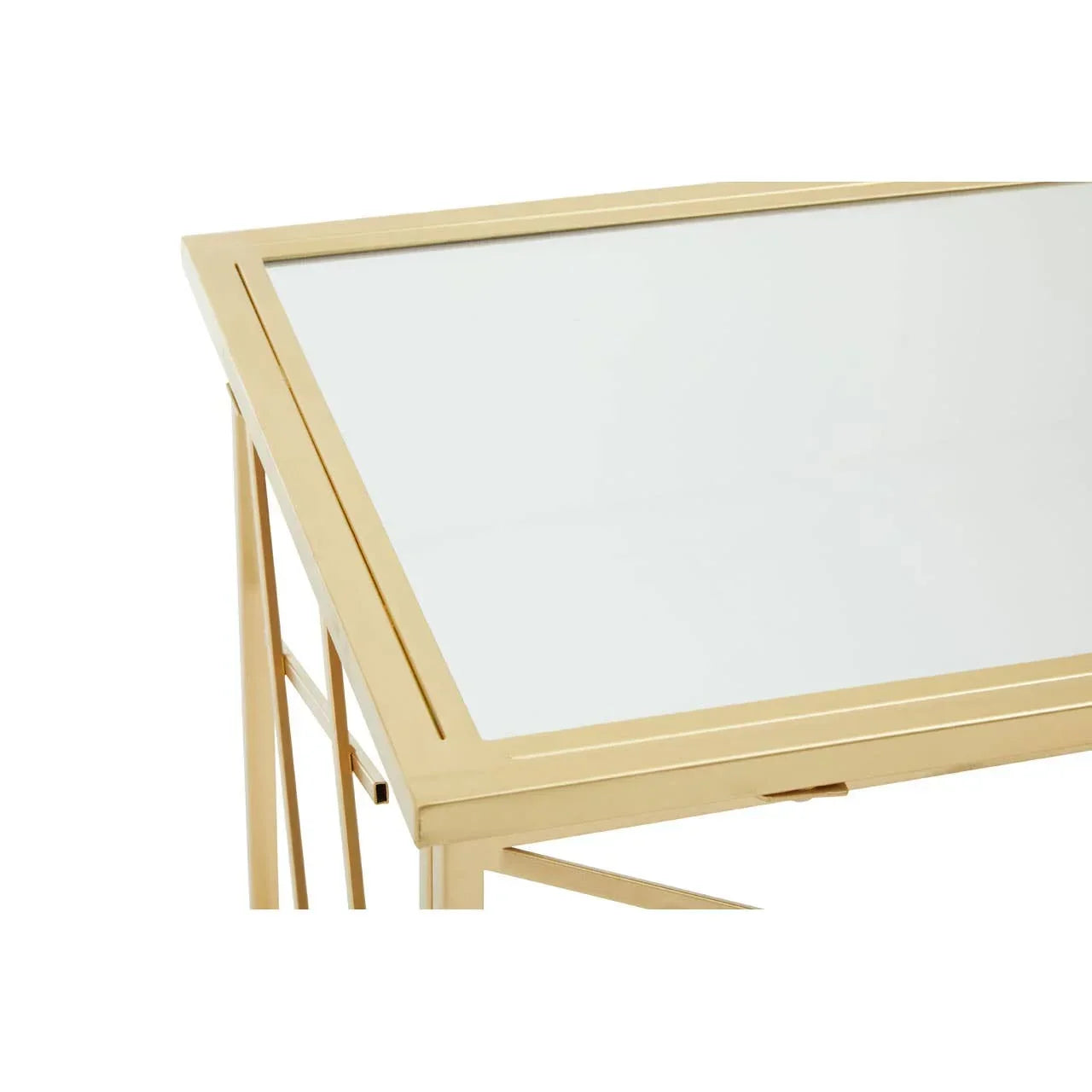 Gold metal frame glass top table corner close-up