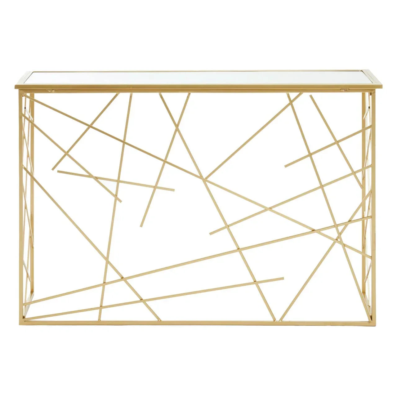 Gold metal console table with geometric base and glass top, front view