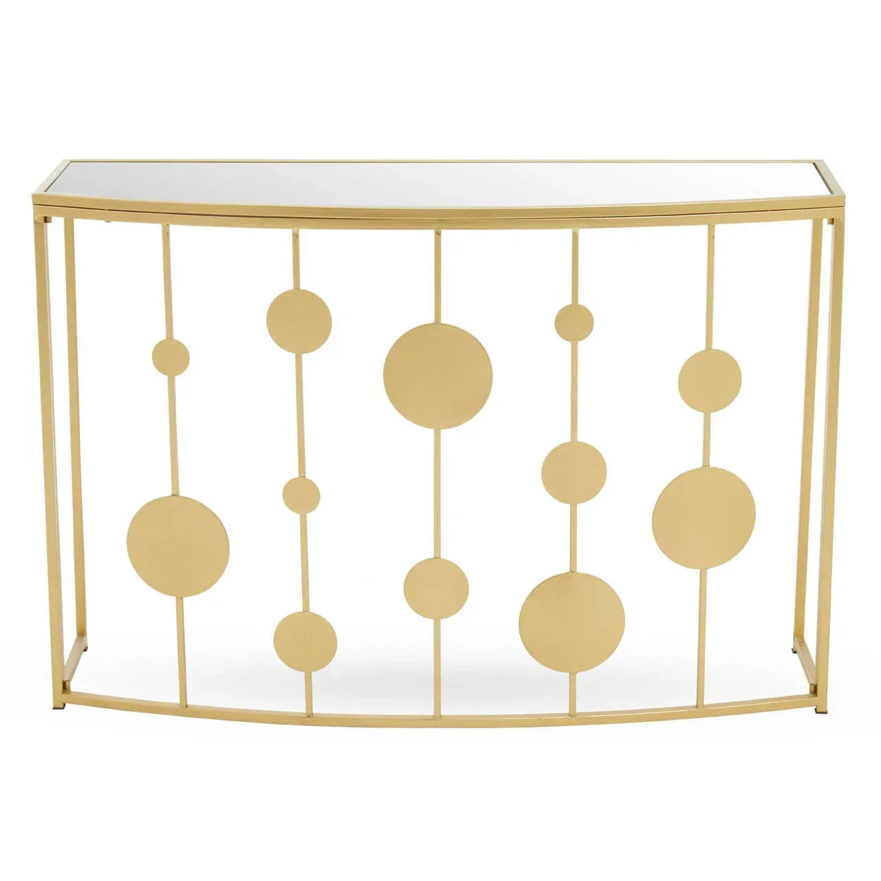 Gold metal console table with glass top and geometric circle design front view