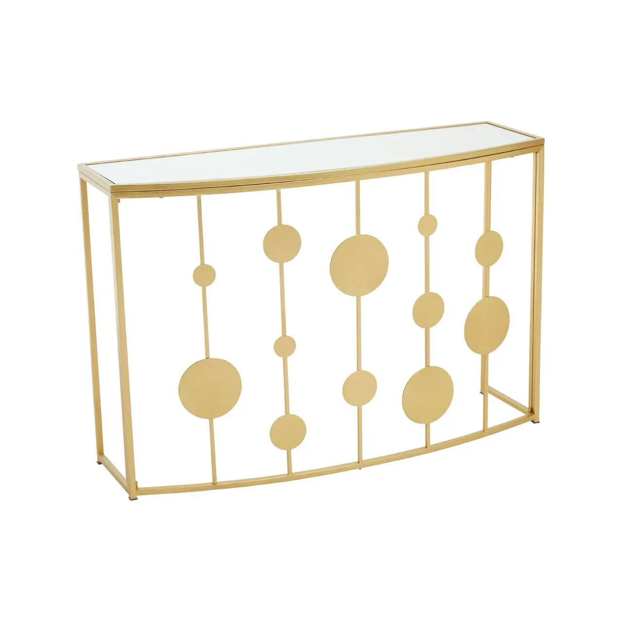 Gold metal console table with geometric circle pattern and glass top