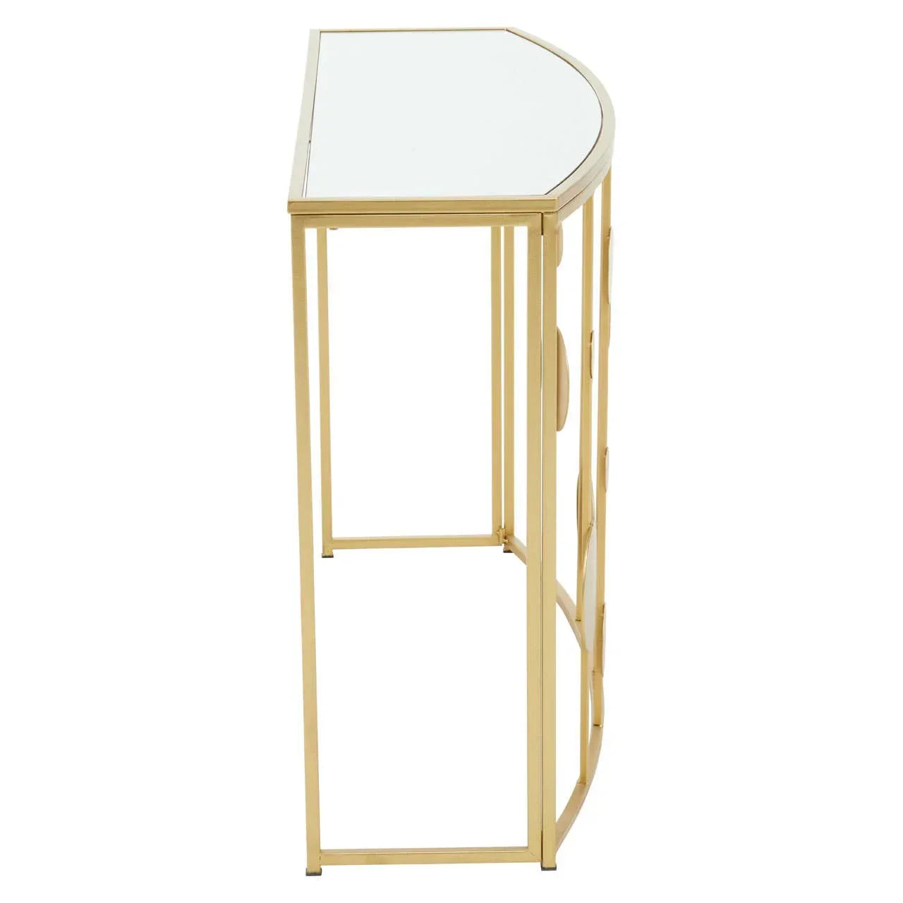 Gold metal console table with glass top, side profile view showing geometric frame