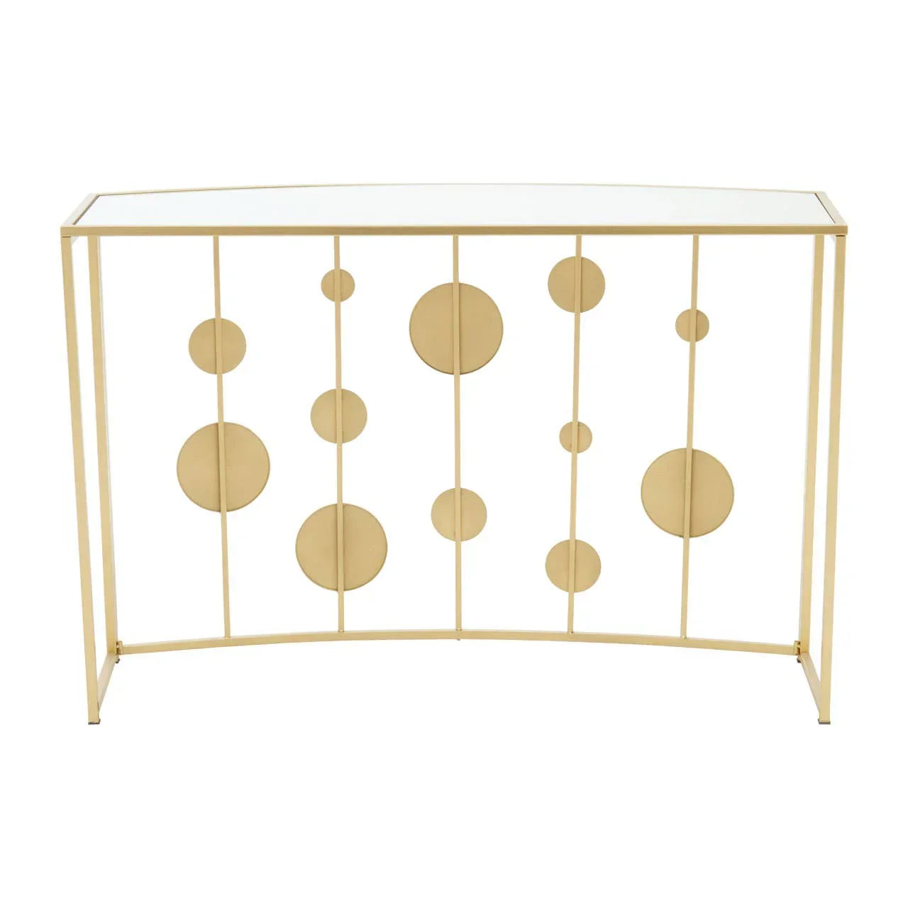 Gold metal console table with glass top and geometric circle accents
