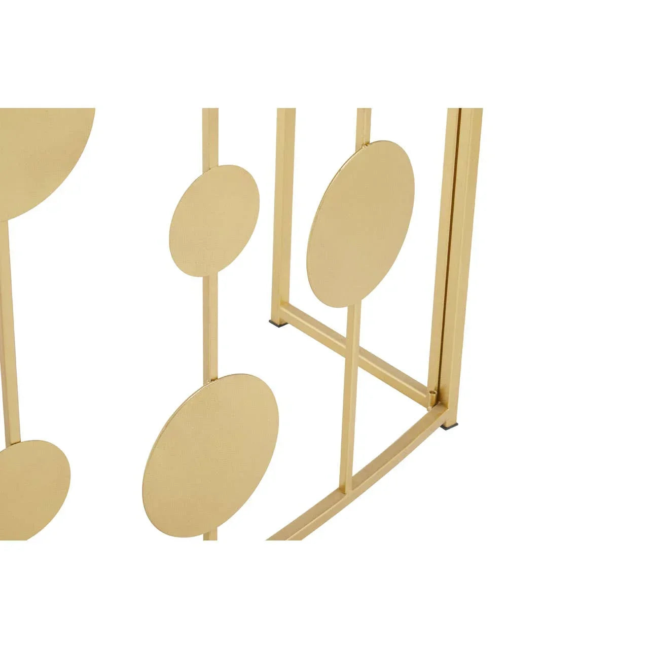 Gold metal side table base with abstract circular accents and geometric lines