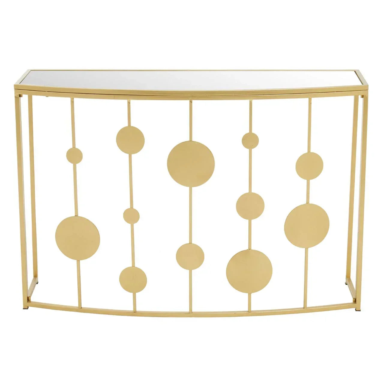 Gold metal console table with glass top and geometric circular design