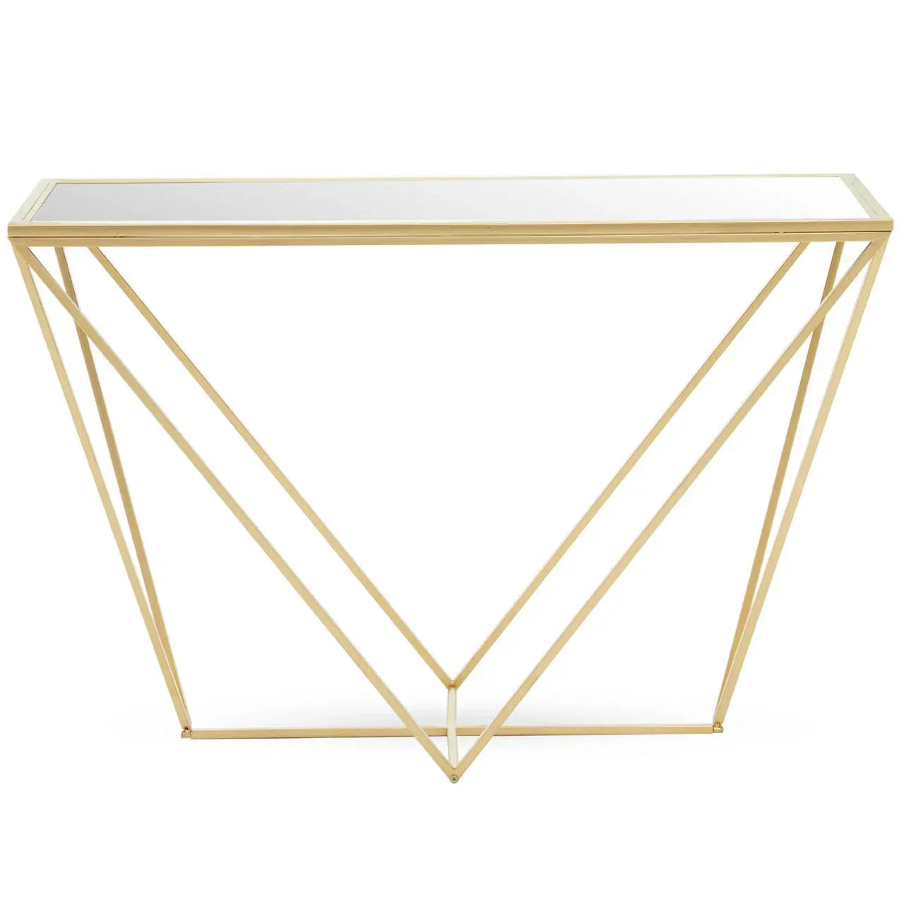 Gold metal console table with geometric frame and glass top